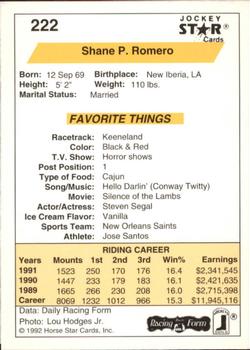1992 Jockey Star #222 Shane P. Romero Back